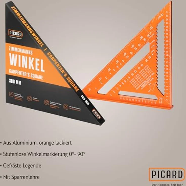 PICARD Zimmermannswinkel 300mm, präziser Anschlagwinkel mit Sparrenlehre für exakte Winkelmessung und Anreißen, robust und langlebig – Bild 3