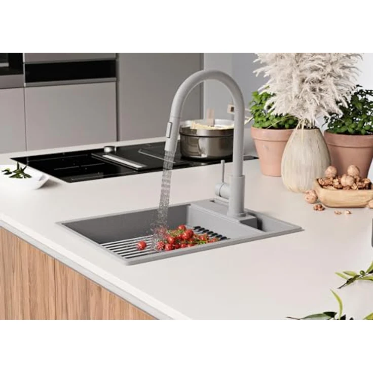Primagran Spülbecken Oslo Pocket in Grau 38x53cm, Granitspüle mit 1 Becken + Ablauf-Set + Küchenzubehörset, ab 40er Unterschrank geeignet – Bild 3