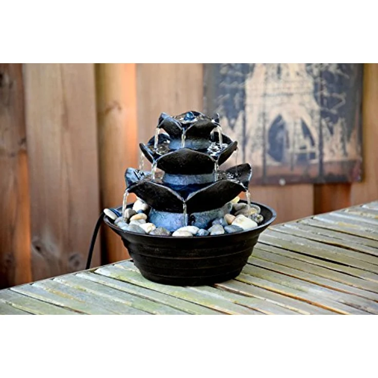 dobar® Design Tischbrunnen 96410e - Zimmerbrunnen dreistufig in Steinoptik - Kleiner Springbrunnen - Dekoratives Wasserspiel für Wohnzimmer/Büro/Indoor - Zierbrunnen - 22,2 x 22,2 x 20,6 cm - Schwarz – Bild 2