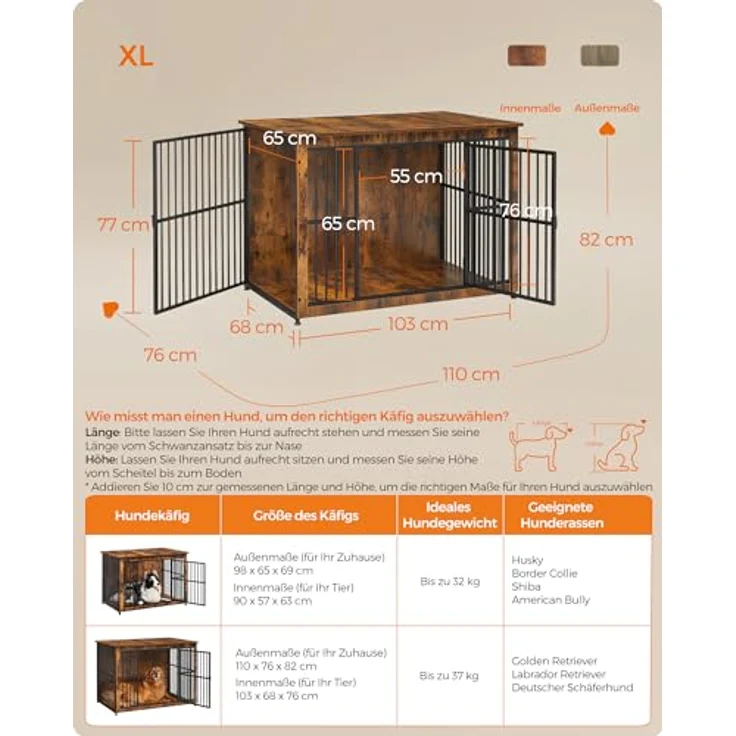 Feandrea Hundekäfig Möbel, Beistelltisch, Moderne Hundehütte Indoor für Hunde bis zu 37 kg, vintagebraun, geschlossener Boden, 2 Türen – Bild 5