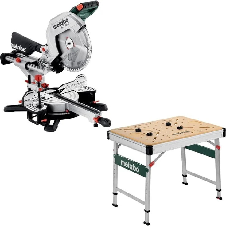 Metabo Kappsäge KGS 305 M, mobile Gehrungssäge mit Zugfunktion und Multifunktionstisch MWB 100, präzise LED-Schnittlinien und robustes Aluminiumdesign