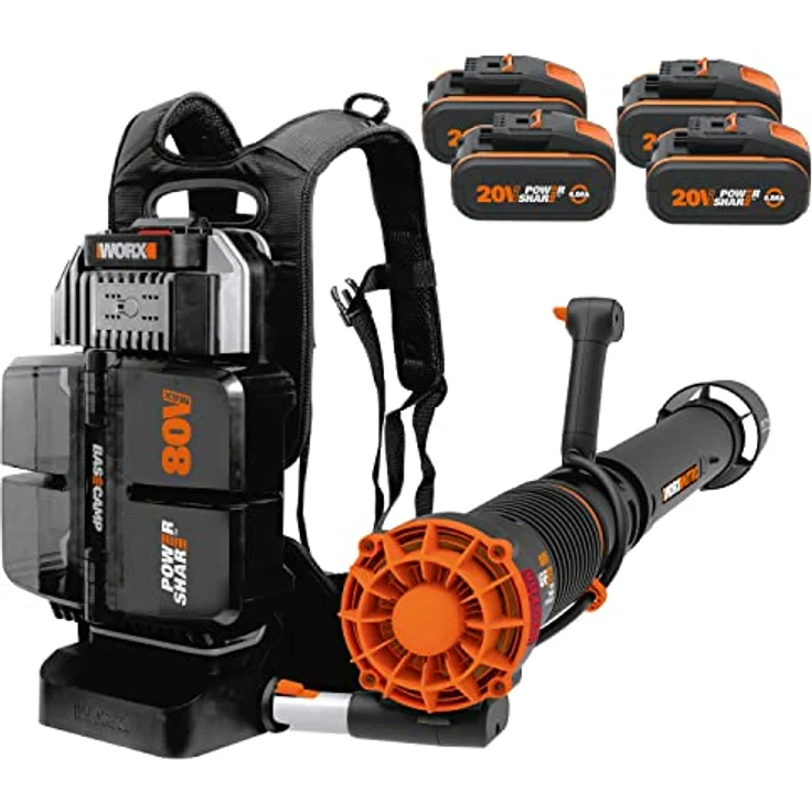 WORX Nitro WG572E 80V (4x20V/4Ah) Laubbläser – Profi mit leistungsstark bürstenlosem Motor – großes Luftvolumen – Variable Geschwindigkeit mit Turbomodus – inkl. 4 x Pro Akkus & Basecamp Ladengerät – Bild 1
