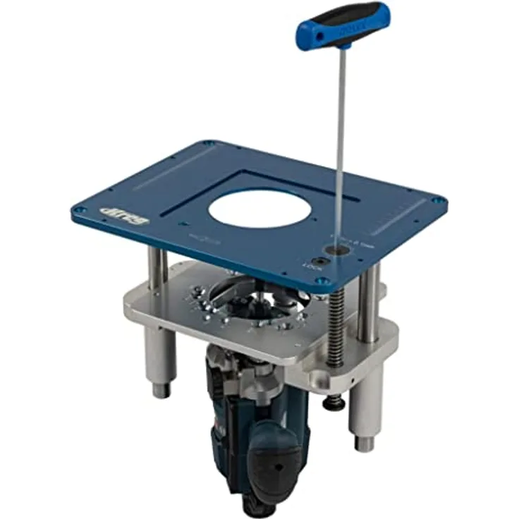 Kreg Präzisions Fräslift RL2.0K PRS-RL2.0K, hochwertige Aluminium- und Stahlkonstruktion, Höhenfeinjustierung auf 1/10mm, max. Fräserdurchmesser 86 mm, max. Einstellweg 105 mm, leichtgängige Spindelsäulen, einfache Montage.