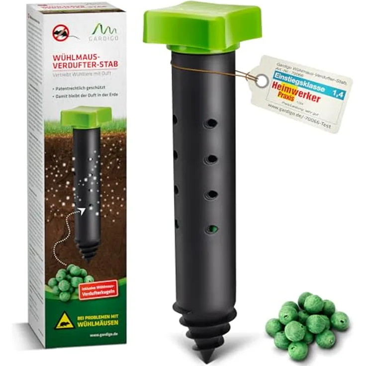 GARDIGO® Wühlmaus & Maulwurf Vertreiber mit Duft | Einzigartiges Konzept der Maulwurfabwehr | 15 Duftkugeln inklusive | Maulwurfschreck Wühlmausschreck | Mit Erdlochbohrhilfe | Tiervertreiber