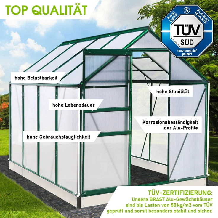 BRAST Gewächshaus Aluminium 250x190x195cm Grün mit Fundament rostfrei TÜV geprüft Alu Treibhaus Glashaus Tomatenhaus – Bild 4