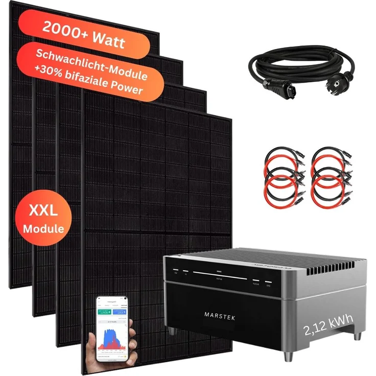 MYVOLTAICS Balkonkraftwerk Marstek Venus A, 2000+ Watt mit 2,12 kWh Speicher, aufrüstbar, Nulleinspeisung & Notstrom, bifaziales Modul für Flachdach/Garten