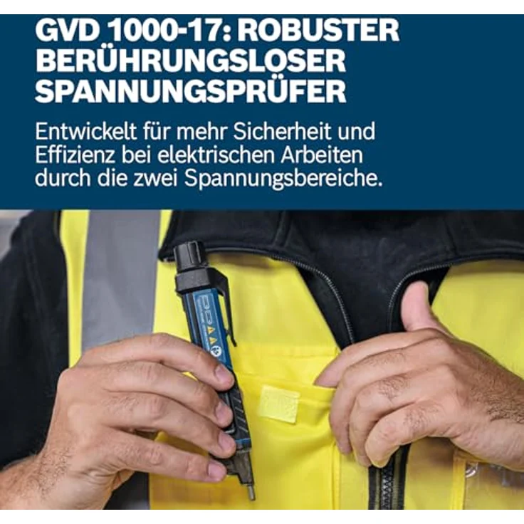 Bosch Professional GVD 1000-17, Hochleistungs-Spannungsprüfer mit IP67 Schutz, 24 V bis 1.000 V AC, rot/orange/grün leuchtende Spitze, Gürtelclip, Taschenlampe – Bild 2