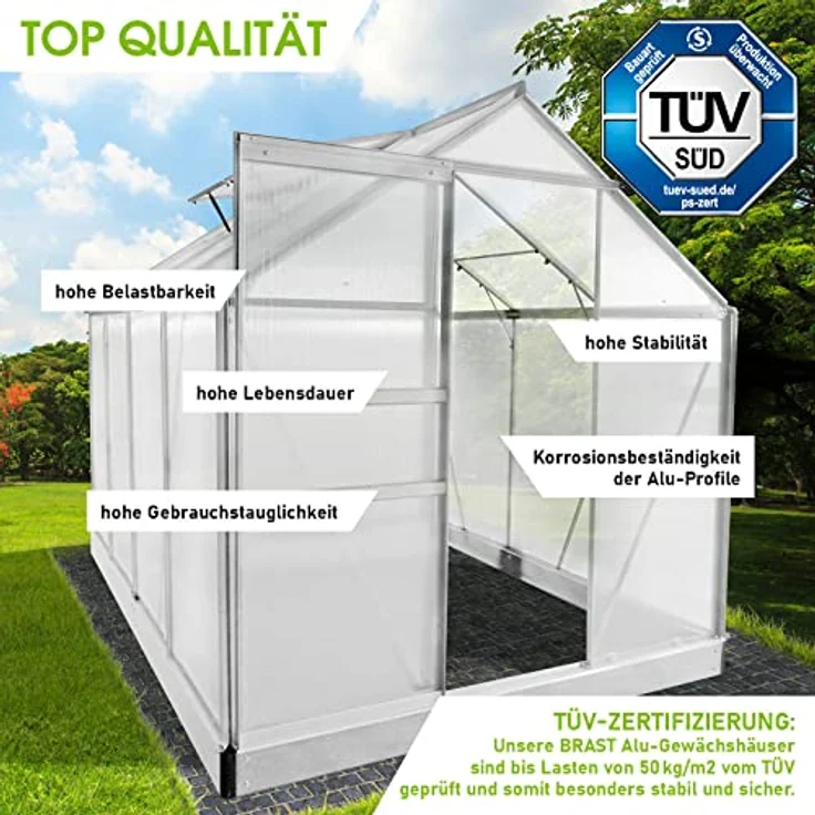 BRAST Gewächshaus Aluminium mit Fundament, 250x190x195cm, TÜV geprüft, 6mm Hohlkammerplatten, rostfrei und wetterfest, Silber – Bild 3