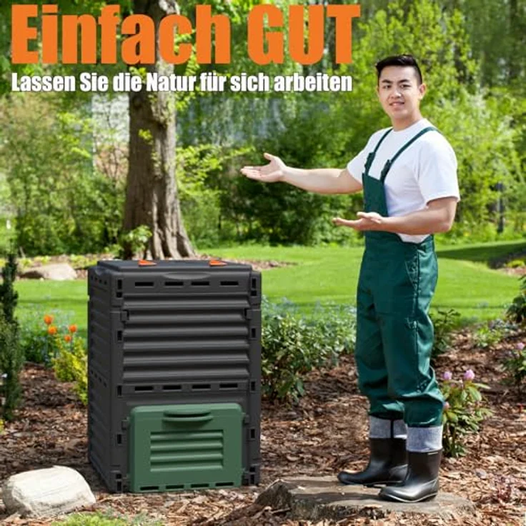 BigDean Schnellkomposter Garten 300 Liter, wetterfester Kunststoff in Schwarz mit grünen Details, UV-beständig und langlebig – Bild 2