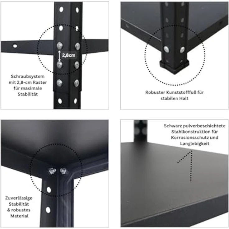 Proregal Metallregal Schraubregal Haldor, 180 x 90 x 40 cm, 5 höhenverstellbare Böden, Traglast 100 kg pro Boden, Schwarz – Bild 4