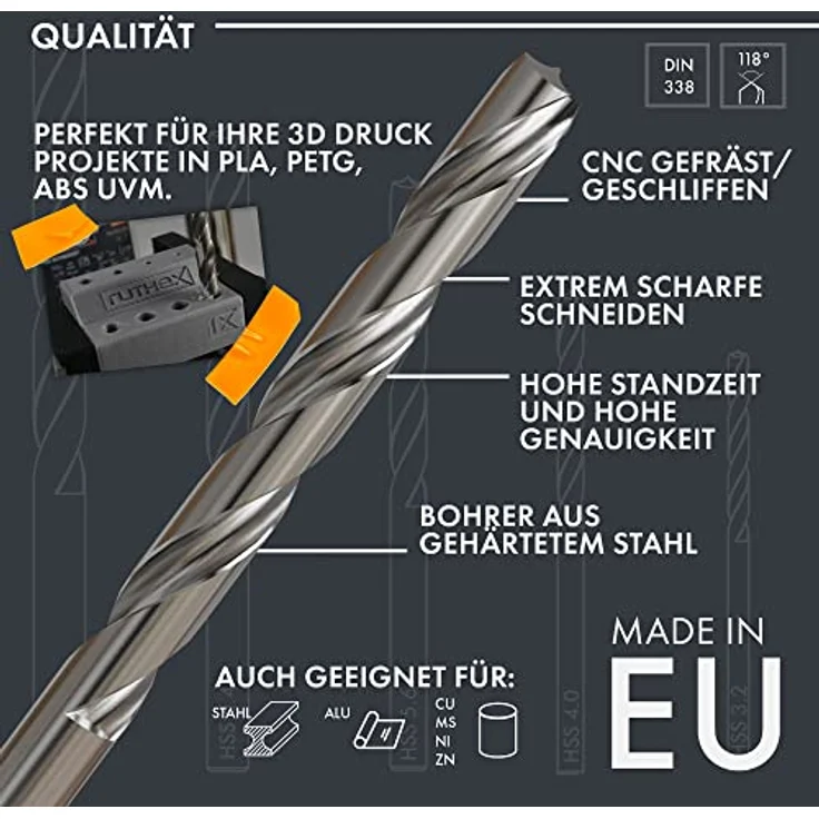 ruthex HSS Bohrerset für Gewindeeinsätze, M2-M6 & 1/4", geeignet für Kunststoff, PLA, PETG, 5 Teile mit 3,2 - 8 mm Ø – Bild 2