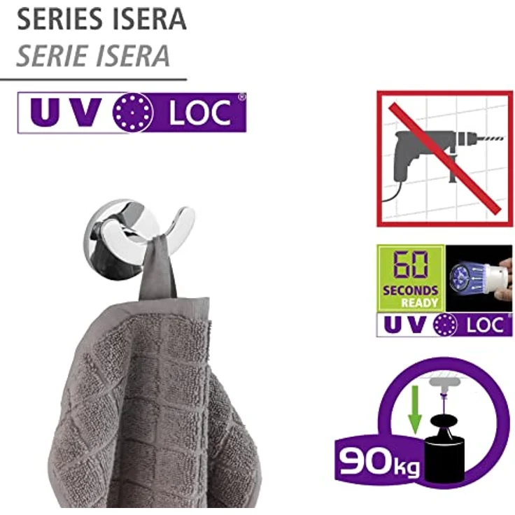 WENKO UV-Loc® Wandhaken Duo Isera, Doppel-Badhaken aus Vierkantrohr zum Befestigen ohne Bohren mit innovativem UV-Loc® Klebesystem, Wandmontageplatte aus Zinkdruckguss, rostfrei, 6 x 5 x 4 cm – Bild 2