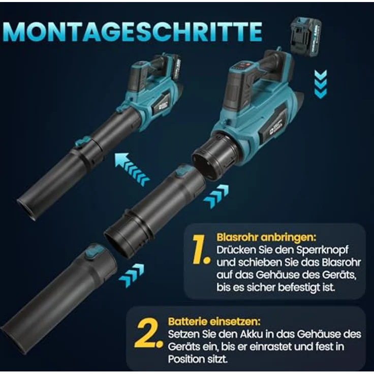 Bundviel Hochleistungs Akku-Laubbläser 21V, Bürstenloser Motor mit 5 Geschwindigkeitsstufen + Turbo, max. 90 m/s, 1500 g Blaskraft, 2 × 4Ah Akku, kabellos, leicht und mobil – Bild 6