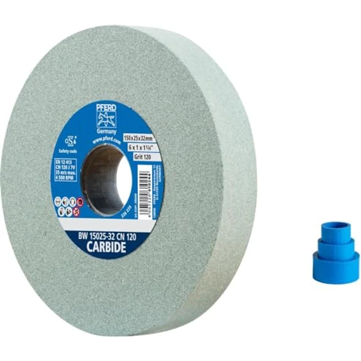 PFERD Schleifbockscheibe, 150x25x32mm, Ausführung CARBIDE, Korngröße 120, Siliciumcarbid, 39008429 – Schleifscheibe für das Bearbeiten harter Materialien mit integrierten Reduzierhülsen (25-20-16mm) – Bild 2