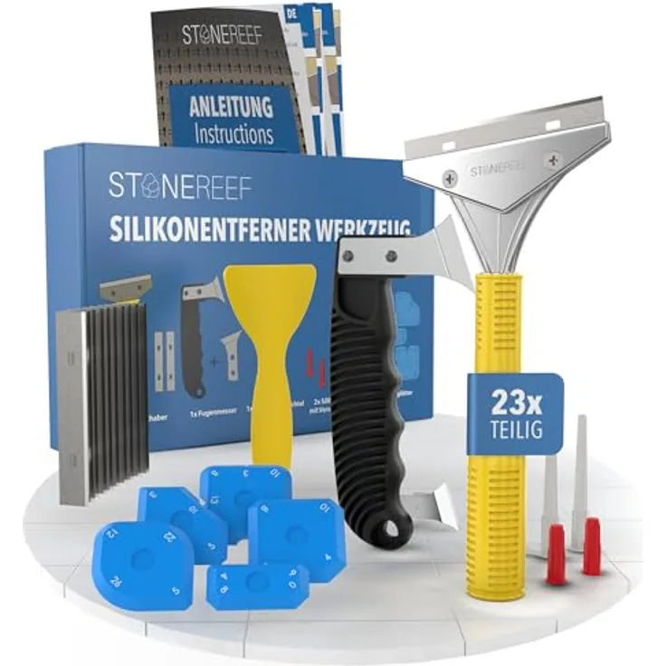 STONE REEF Silikonentferner Set Werkzeug zum silikonentfernen - Inkl. Fugenmesser, Fugenhai, Fugenkratzer - Silikonentferner Silikonfugenentferner - Edelstahlklingen, ergonomischer Griff, 23-teiliges Set - Blau