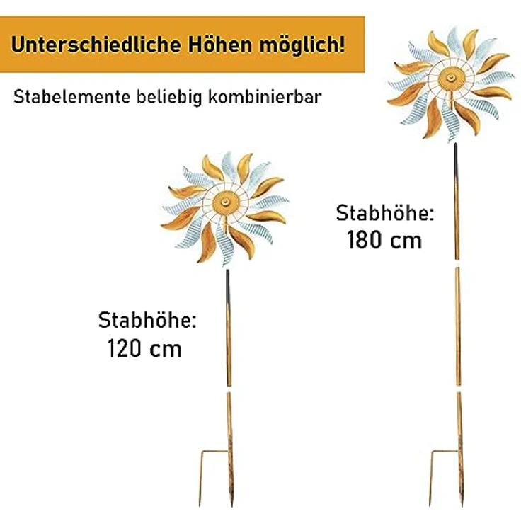 LEMODO Windspiel Fire Flowers | Windrad mit gegenläufigen Rotoren | Gartendeko in 2 Höhen aufbaubar | Gartenstecker 213 cm hoch | Windmühle in Kupferoptik | Windskulptur auch als Vogelschreck geeignet - Preisvergleich – Bild 4