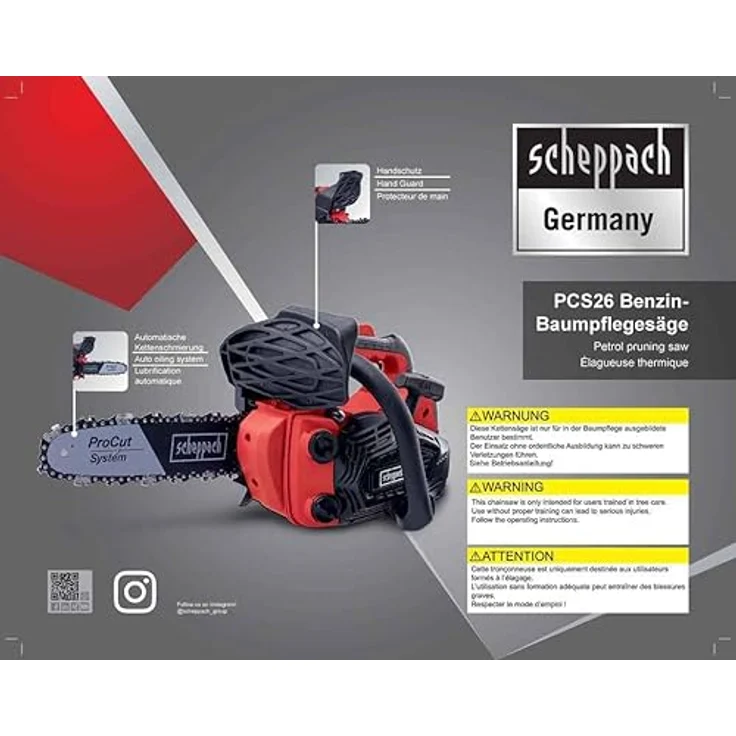 Scheppach PCS26 Tophandle, Benzin-Kettensäge mit 700 W, 25,4 cm³ Motor und 25 cm Schwertlänge – Bild 4