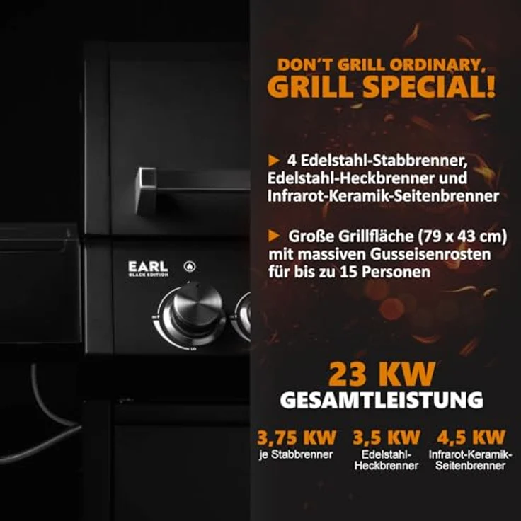 BURNHARD Big EARL Black 4-Brenner Gasgrill Edelstahl mit Heckbrenner, Infrarot Keramikbrenner und Edelstahl Grillrost, inkl. Abdeckhaube und Zubehör – Bild 3