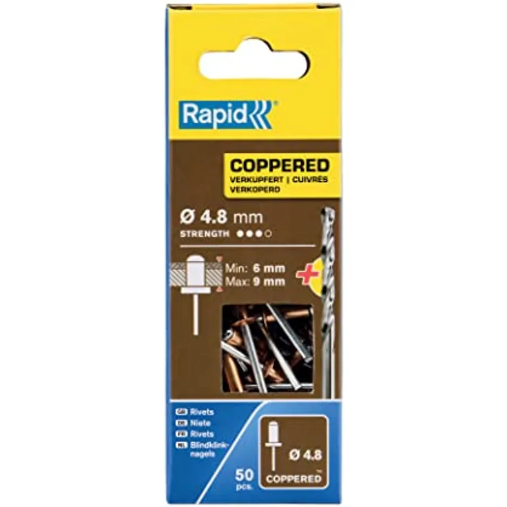 Rapid Blindnieten für Kupfer Ø 4,8mm, 6-9mm Klemmbereich, 50 Stk. Verkupferte Nieten, Set Inkl Bohrer, für blindnietzangen