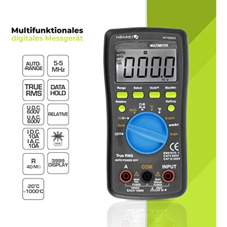 HÖGERT TECHNIK Digitales Multimeter HT-145, TRUE RMS, Temperaturmessung bis 1000°C, LCD mit Hintergrundbeleuchtung, kompakt & präzise für Elektro, Werkstatt und Kfz – Bild 2