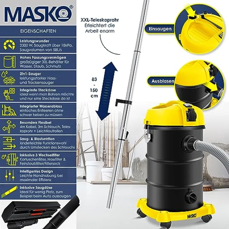 MASKO 6IN1 Industriestaubsauger Staubsauger Nass Trocken Sauger Aschesauger 2300W + Steckdose   Blasfunktion   Trocken-Saugen & Nass-Saugen   Industrie-Sauger mit & ohne Beutel   beutellos Gelb – Bild 2