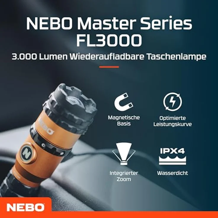 NEBO Master Series FL3000, Taschenlampe mit 3000 Lumen, 5 Lichtmodi, wiederaufladbar & wasserdicht, Camping & Wandern Zubehör – Bild 2