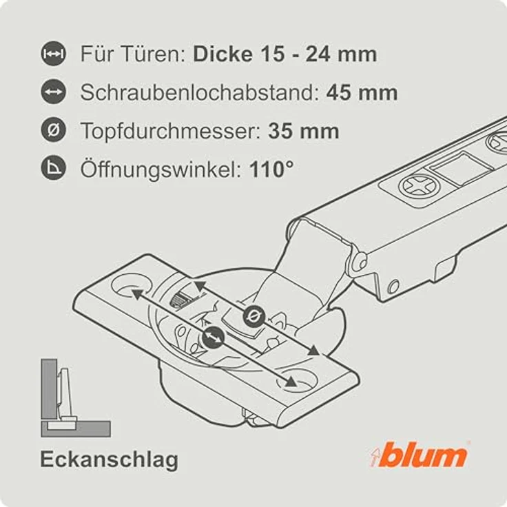 BLUM CLIP top BLUMOTION Möbelscharnier 110°, Softclose Topfscharnier 35mm, vernickelt, mit 3D Fronteinstellung und Kreuzmontageplatte – Bild 3