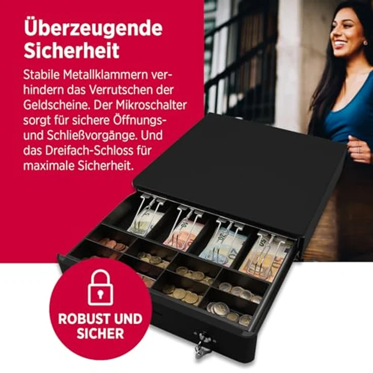 Olympia M 405 Schwarz, Kassenlade mit 8 Münzfächern & 4 Scheinfächern, robustes Vollmetallgehäuse, elektrisch ansteuerbar mit Schloss & RJ11/RJ12-Anschluss – Bild 4
