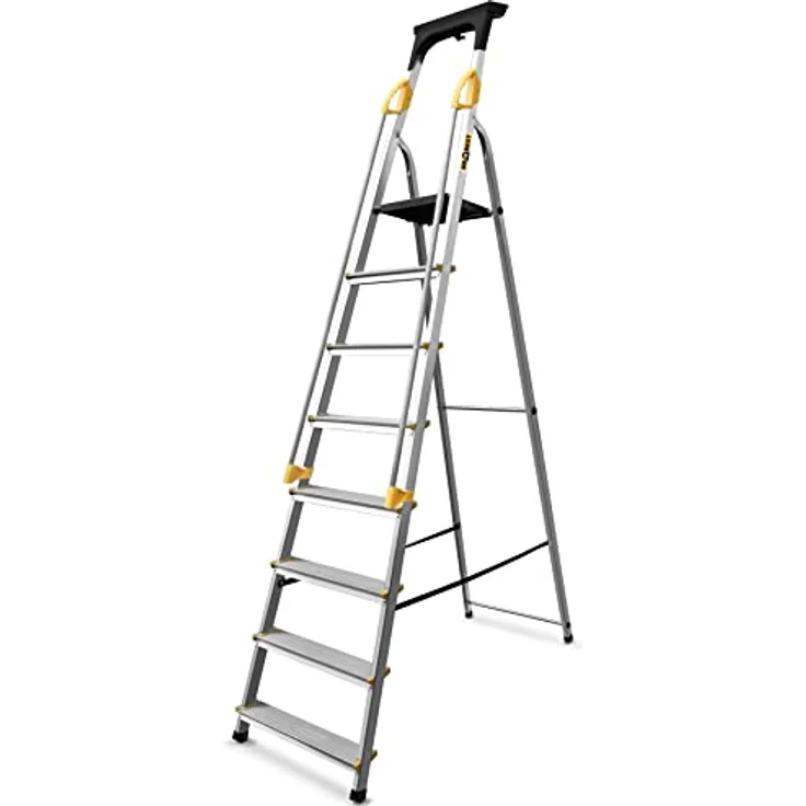 DRABEST Leiter PRO Serie Klapptrittleiter mit Sicherheits Handläufen Aluleiter 8 Stufen Trittleiter bis 150 kg belastbar – Bild 1