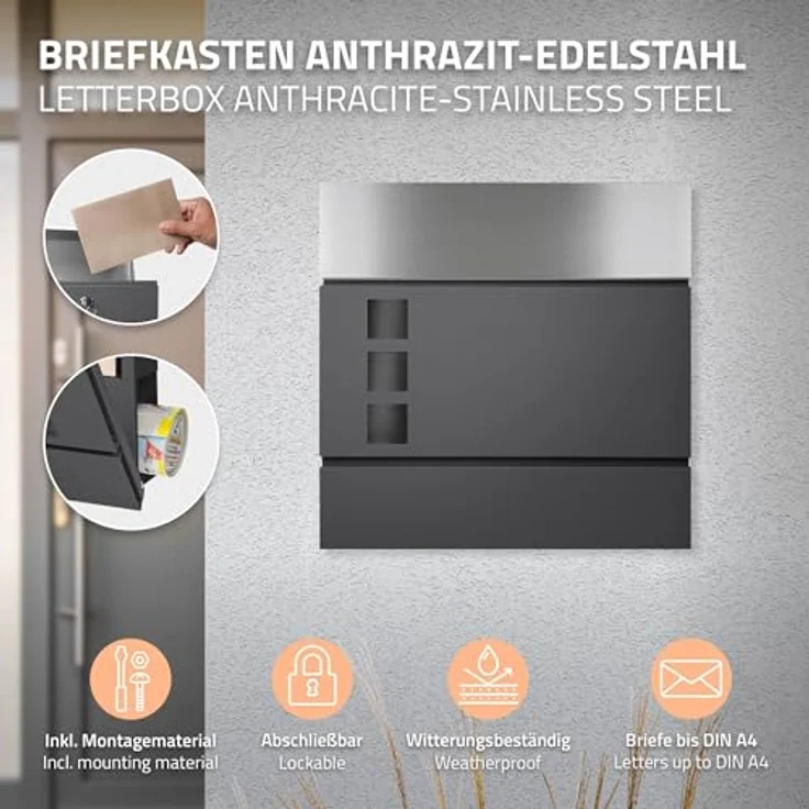 ML-DESIGN Standbriefkasten mit Zeitungsfach, anthrazit, Edelstahl, inkl. Standfuß und Zubehör, 120 cm Höhe – Bild 2