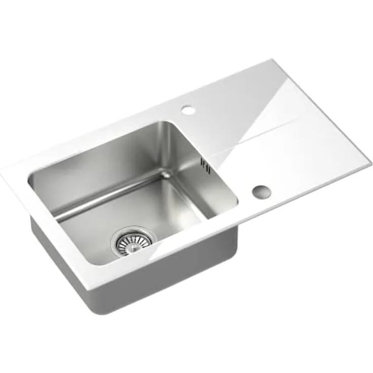 Quadron HUGH 111 Glasspüle Küche, 77 x 44 x 19 cm, Einzelbecken aus gehärtetem Glas, Weiß, rostfreier Edelstahl, fleckenbeständig und pflegeleicht