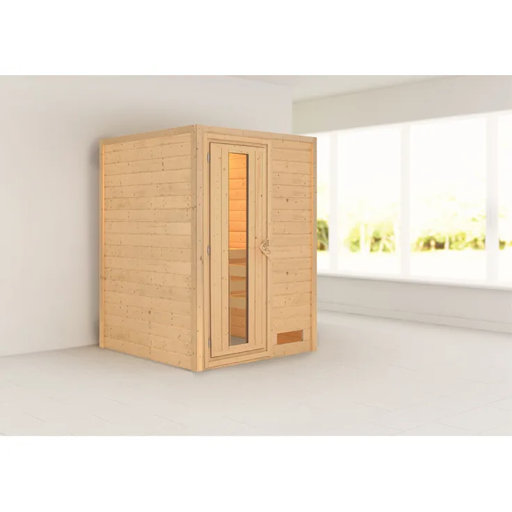 Karibu Woodfeeling Sauna Svenja, Fronteinstieg mit wärmegedämmter Holztür und Isolierglas, bronziert, 135 cm x 135 cm