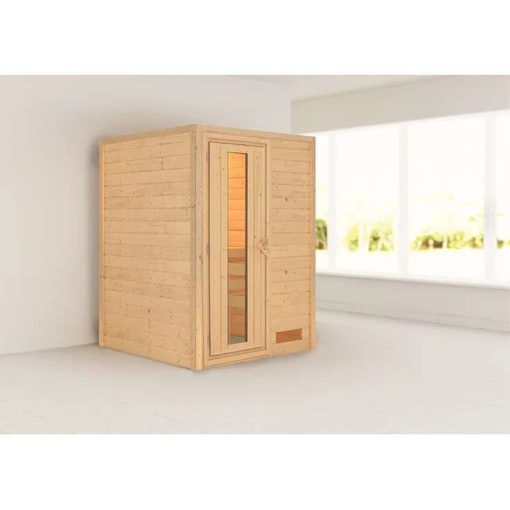 Karibu Woodfeeling Sauna Svenja, Fronteinstieg mit wärmegedämmter Holztür und Isolierglas, bronziert, 135 cm x 135 cm