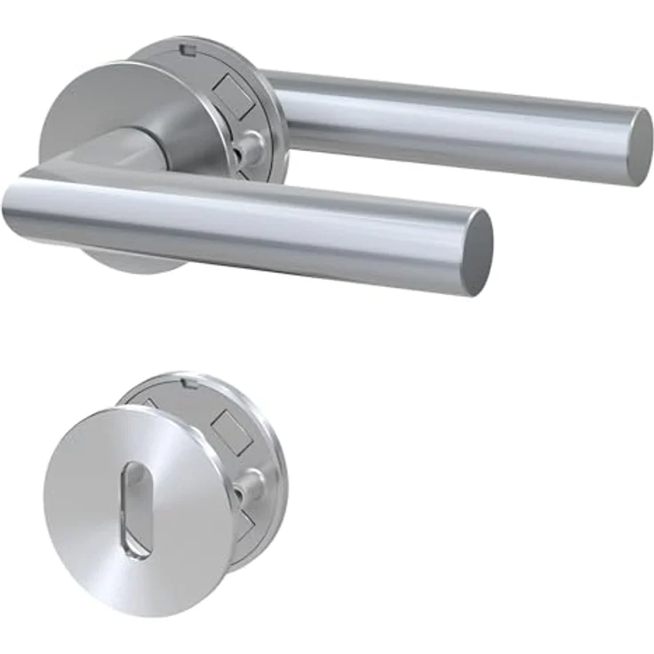 BASI Drücker-Garnitur aus Edelstahl, BB/PZ/WC/Bad mit 3 mm Magnet Flachrosette, für Zimmertüren mit Buntbart Lochung, Türstärken 25-65 mm – Bild 1