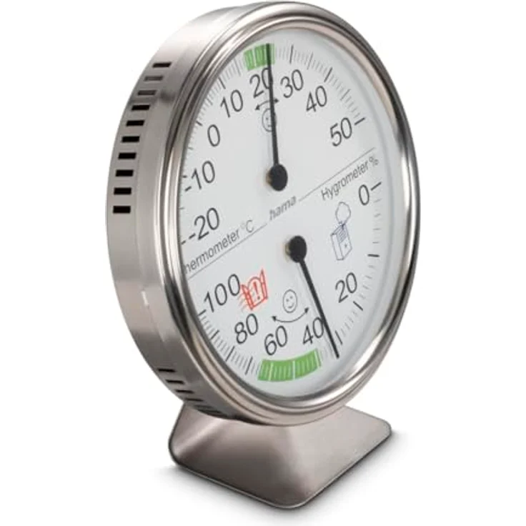 Hama Thermometer und Hygrometer "Tahiti", Silber, analoges Anzeigegerät mit Komfortzone, Ø 11 cm – Bild 3