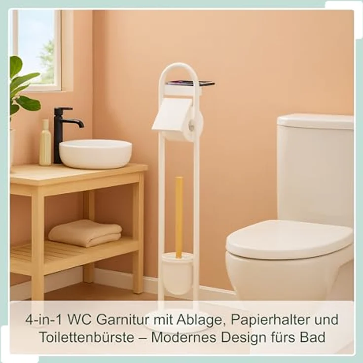 Relaxdays WC-Garnitur, Rollenhalter mit Ablage & Bürstenhalter, Eisen/Bambus, weiß/Natur, HxBxT: 79 x 21,5 x 21,5 cm, freistehend, stabil mit rutschfestem Zementfuß – Bild 3