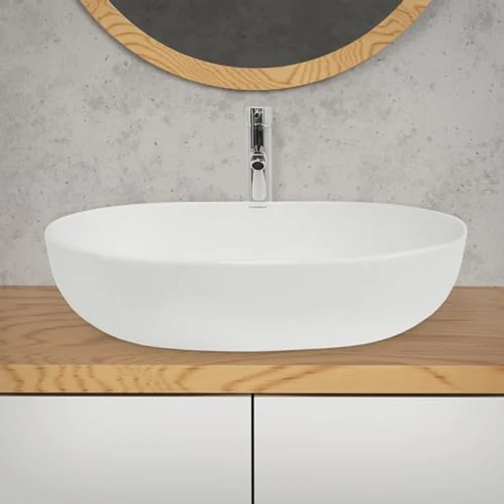 ecd germany Waschbecken Ovalform ohne Überlauf 600x420x145 mm Weiß aus Keramik – Bild 4