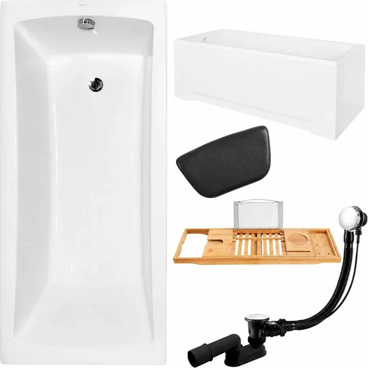 KOLMAN Badewanne OPTIMAZ 140 x 70 cm mit Acrylschürze, Bambus Badewannenablage und Kopfstütze KODI, schneeweiß, inkl. Ablauf und Füße