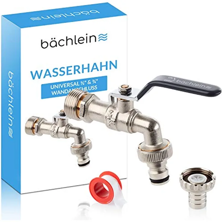 Bächlein Universal Wasserhahn für den Garten [anthrazit] inkl. 2 Schlauchanschlüssen - edler Kugelhahn mit 1/2 und 3/4 Zoll Anschluss, Auslaufhahn aussen