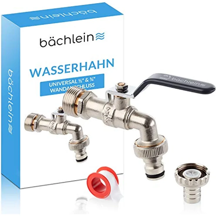 Bächlein Universal Wasserhahn für den Garten [anthrazit] inkl. 2 Schlauchanschlüssen - edler Kugelhahn mit 1/2 und 3/4 Zoll Anschluss, Auslaufhahn aussen – Bild 1