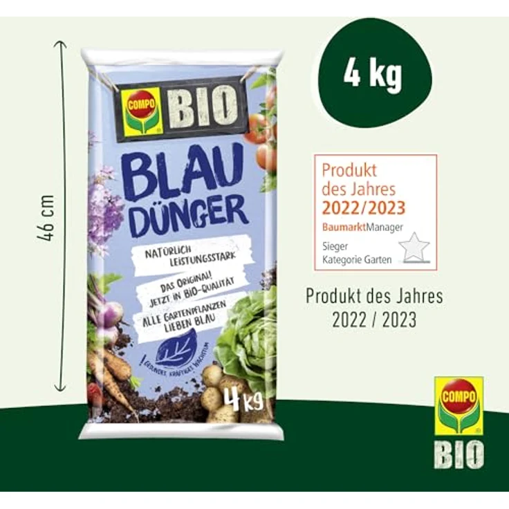 COMPO BIO Blaudünger, Bio-Dünger für Garten- und Balkonpflanzen, universell einsetzbar für Blumen, Gemüse und Obst, 4 kg, blau – Bild 3