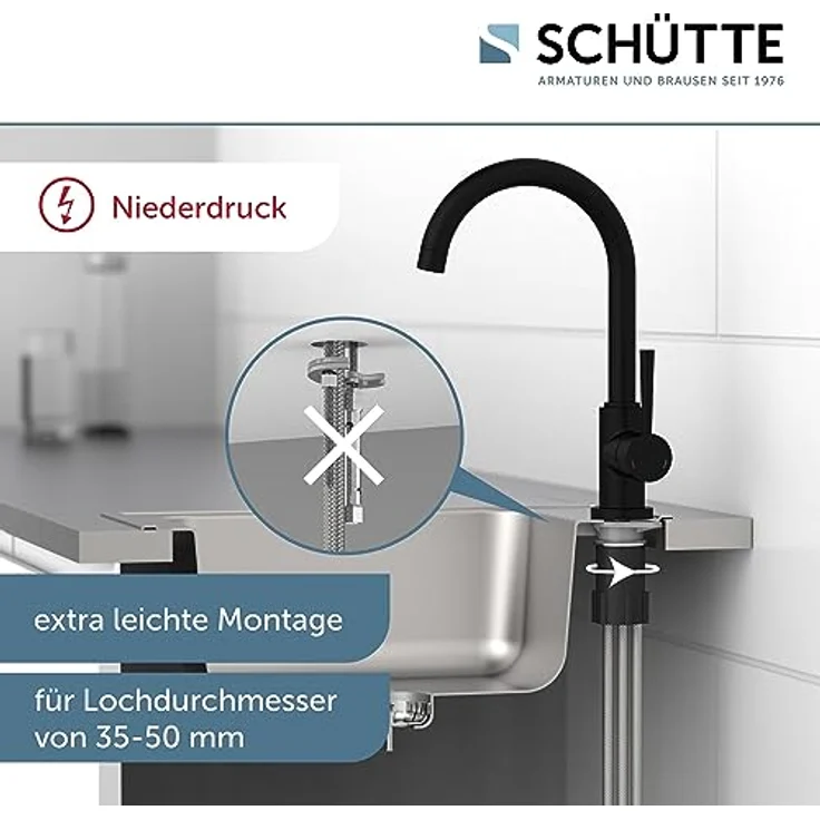 Schütte Cornwall Niederdruck Spültischarmatur, 360° schwenkbarer Wasserhahn mit Dripless-Strahlregler und Cold-Start Technik – Bild 3