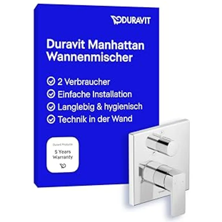 Duravit Manhattan Wannenarmatur Unterputz, Einhebel-Wannenmischer für 2 Verbraucher mit Keramikmischsystem, Chrom