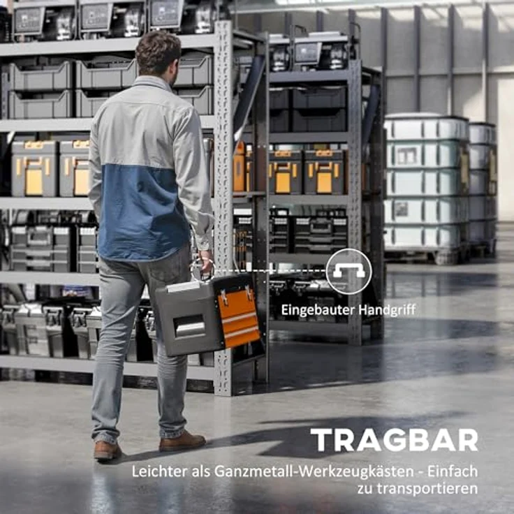 HOMCOM Werkzeugbox mit 2 Schubladen und Mini-Box, Stahl, orange, 49,7 x 25,3 x 28,9 cm, mit handlichem Tragegriff – Bild 5