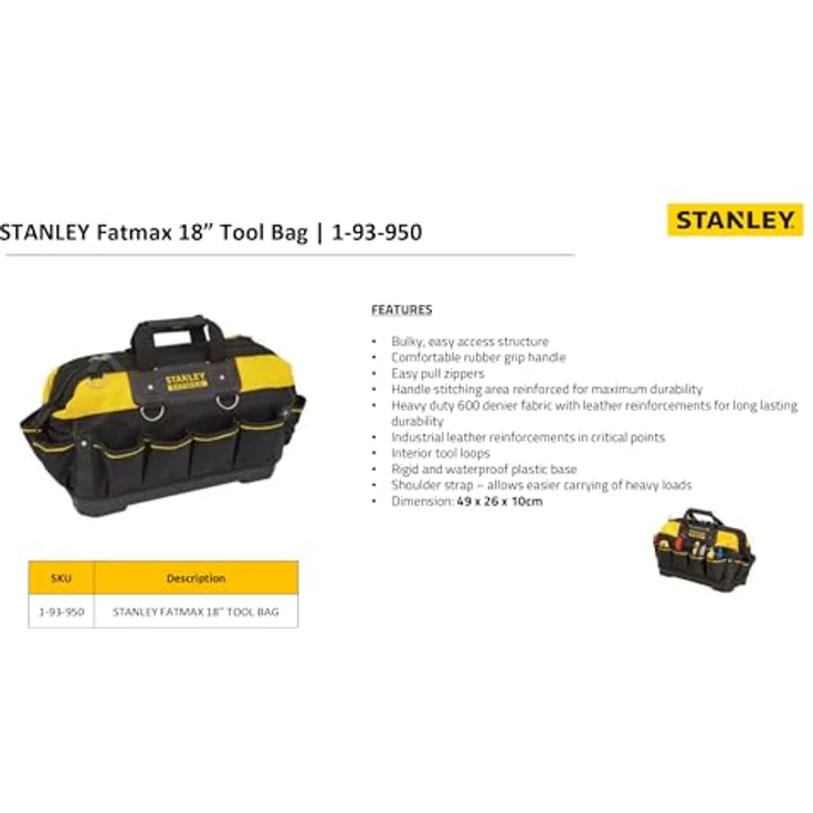 Stanley FatMax Werkzeugtasche (18 Zoll, 49 x 26 x 10 cm, wassserdichter Boden, verstärkte Nähte, ergonomischer Gummihandgriff, robuster Schultergurt, 600 Denier Nylon) 1-93-950 – Bild 5