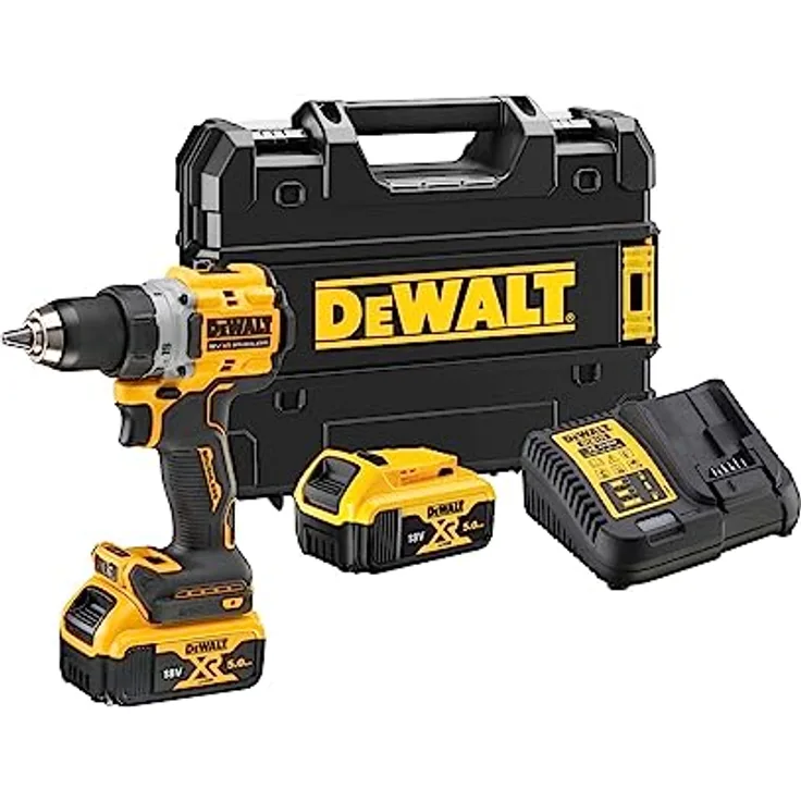 Dewalt 18 Volt 2-Gang Akku Bohrschrauber DCD800P2T (kraftvolles 2-Gang Vollmetall-Getriebe, bürstenloser Motor, 13 mm Schnellspannbohrfutter, LED-Leuchte, inkl. 2x 5.0Ah Akkus, Ladegerät & TSTAK-Box)