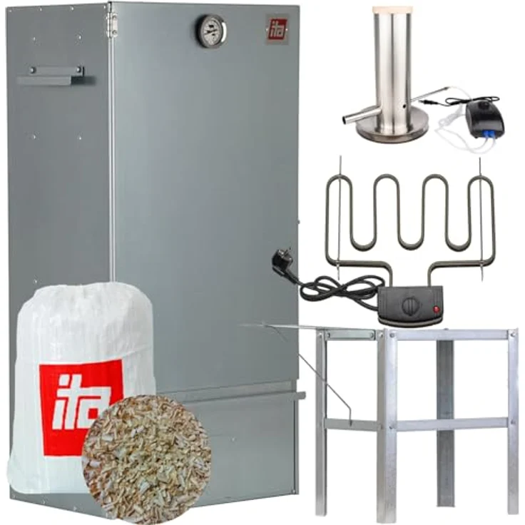 ITA Elektrischer Räucherofen 7005, Smoker Set aus Edelstahl mit Heizung, 3 Etagen, Thermometer und Rauchgenerator, 81 cm – Bild 1