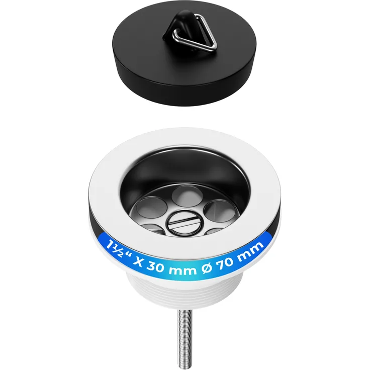 AquaDE Ablaufventil Stopfenventil 1 1/2 x 30 Ø 70 mm für Spüle mit Dreikantbügel und Stopfen