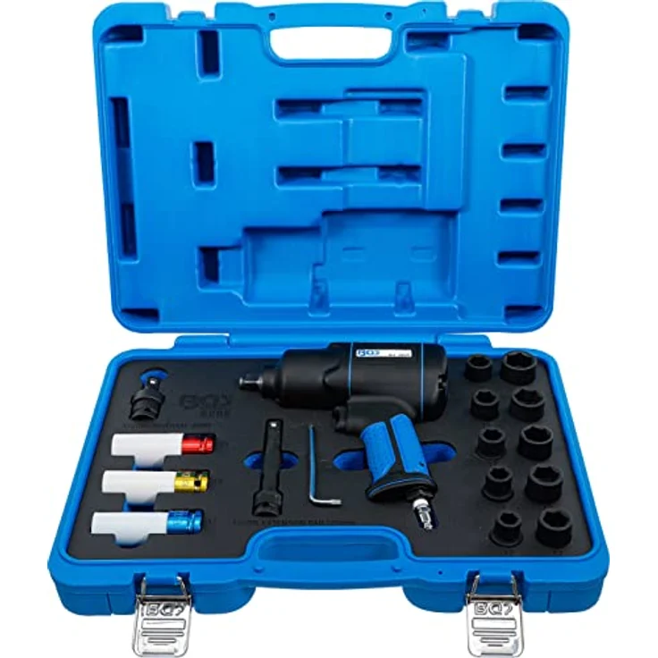 BGS Technic Druckluft-Schlagschrauber & Kraft-Steckschlüssel-Satz, 12,5 mm (1/2'), 1200 Nm, 16-teilig, ergonomischer Soft-Grip, 3 Kunststoffeinsätze für empfindliche Materialien – Bild 1