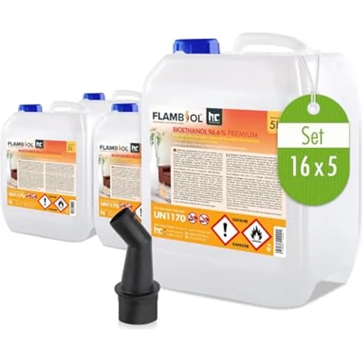 Höfer Chemie GmbH 16 x 5 Liter Bioethanol 96,6% Premium für Ethanol-Brenner oder Kamine